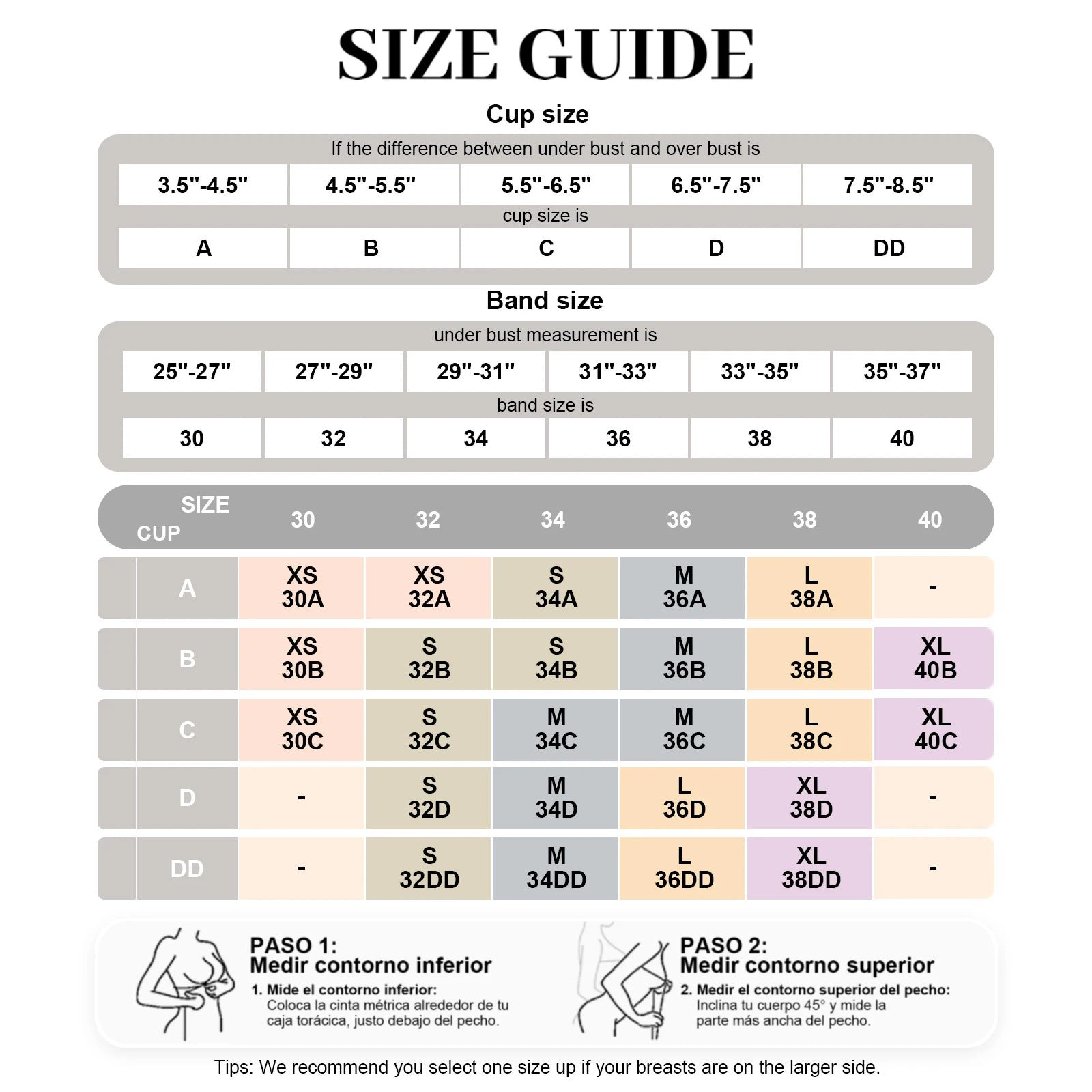 Nuvori FrontLift Bra size guide